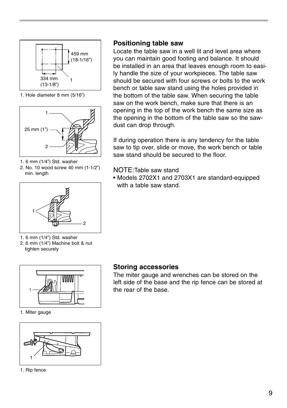 9positioning table saw, Storing accessories | Makita 2703X1 User Manual | Page 9 / 28