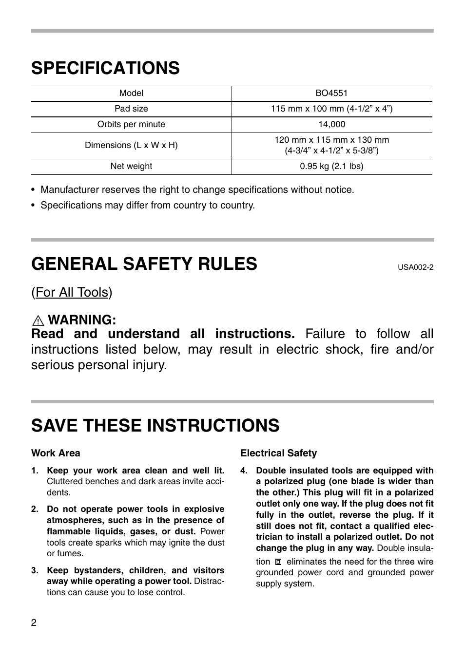 Specifications, General safety rules, Save these instructions | Makita BO4551 User Manual | Page 2 / 12