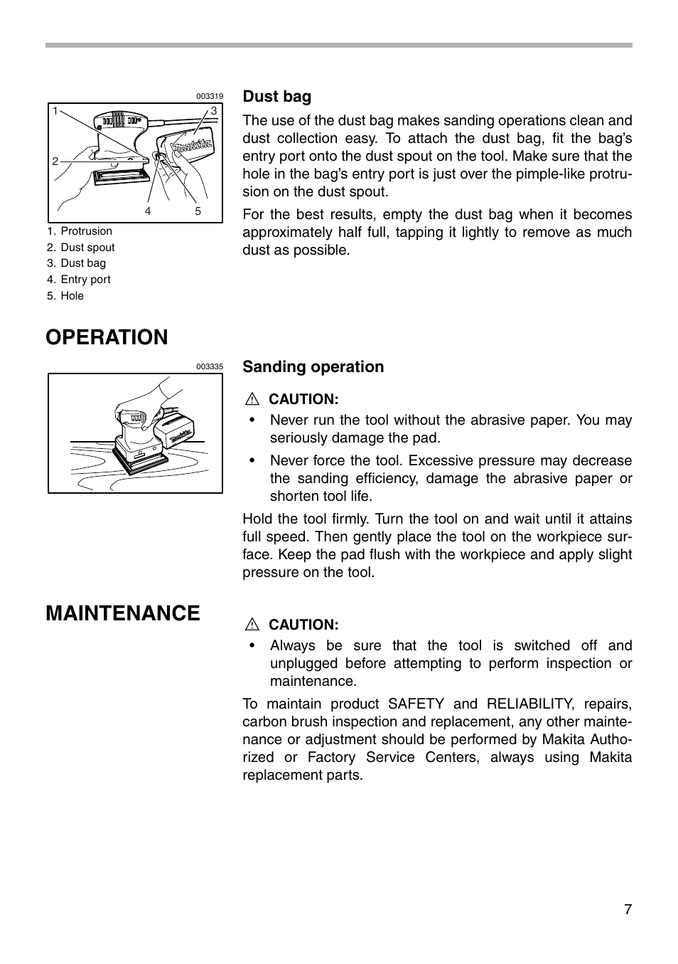 Operation, Maintenance, Dust bag | Sanding operation | Makita BO4551 User Manual | Page 7 / 12