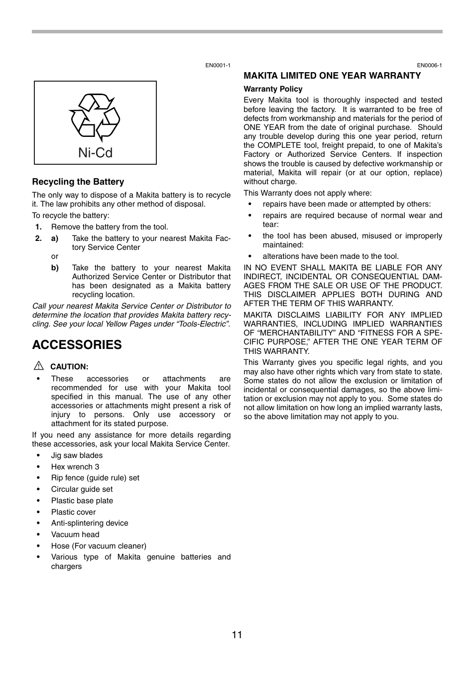 Ni-cd, Accessories | Makita 4334 User Manual | Page 11 / 36