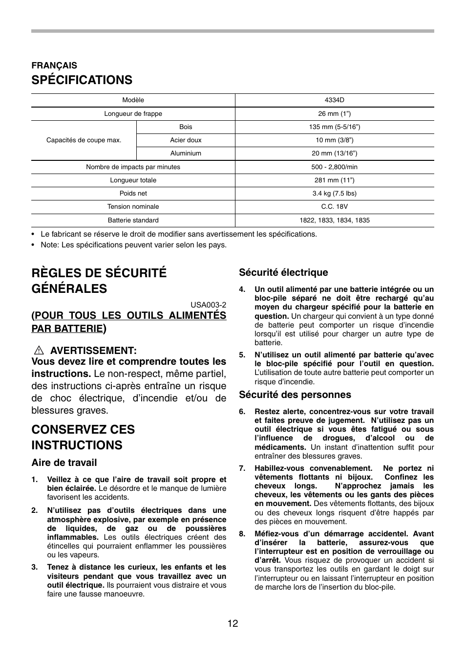 Spécifications, Règles de sécurité générales, Conservez ces instructions | Pour tous les outils alimentés par batterie, Aire de travail, Sécurité électrique, Sécurité des personnes | Makita 4334 User Manual | Page 12 / 36