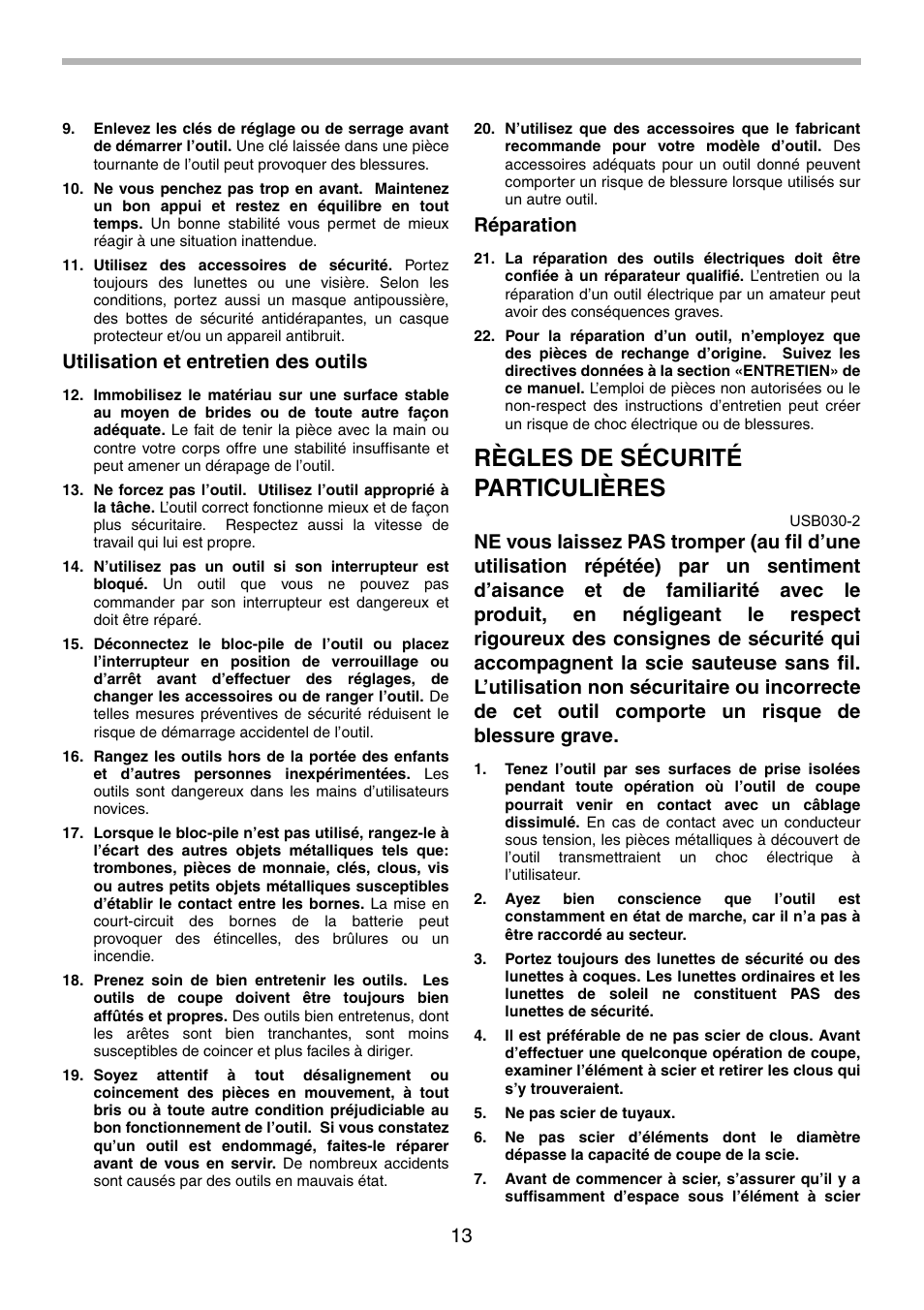 Règles de sécurité particulières, Utilisation et entretien des outils, Réparation | Makita 4334 User Manual | Page 13 / 36