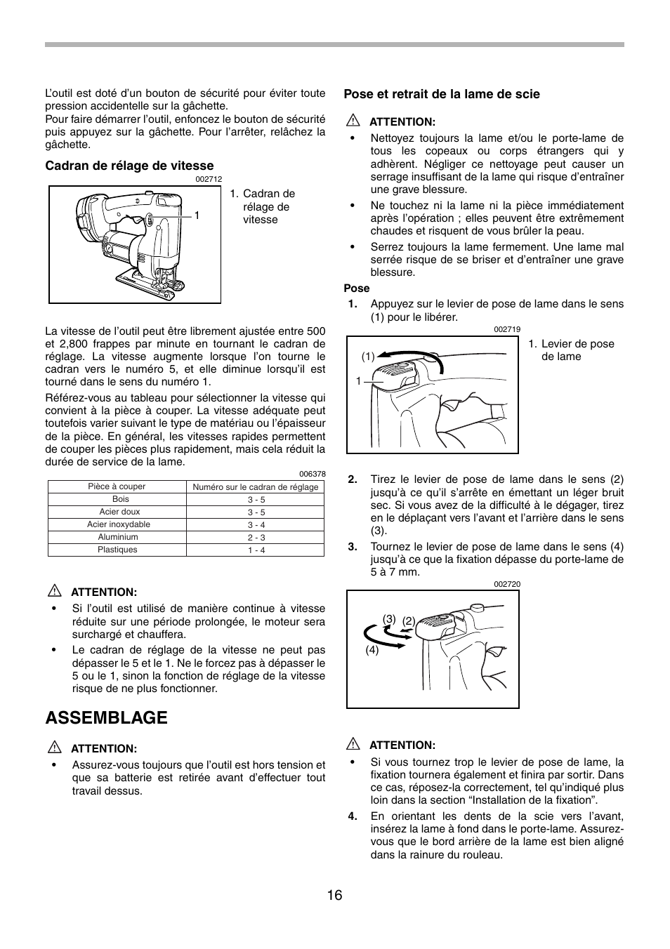 Assemblage, Cadran de rélage de vitesse, Pose et retrait de la lame de scie | Makita 4334 User Manual | Page 16 / 36