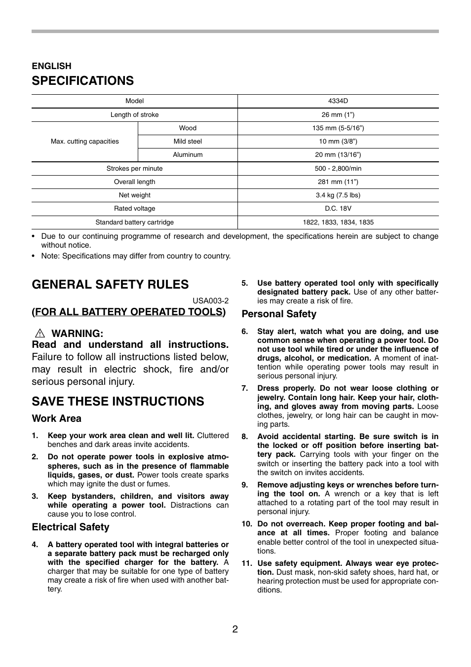 Specifications, General safety rules, Save these instructions | Work area, Electrical safety, Personal safety | Makita 4334 User Manual | Page 2 / 36