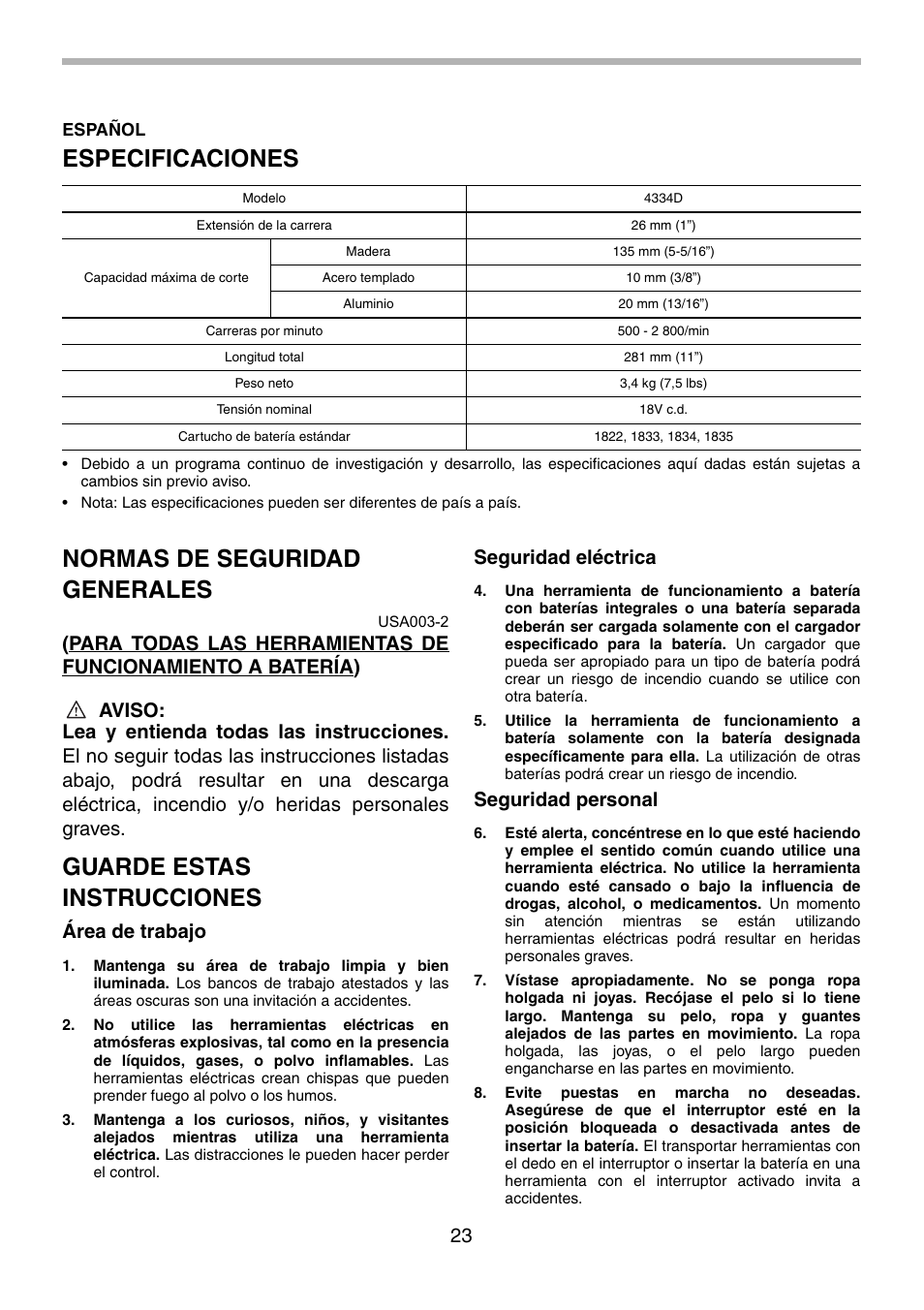 Especificaciones, Normas de seguridad generales, Guarde estas instrucciones | Área de trabajo, Seguridad eléctrica, Seguridad personal | Makita 4334 User Manual | Page 23 / 36