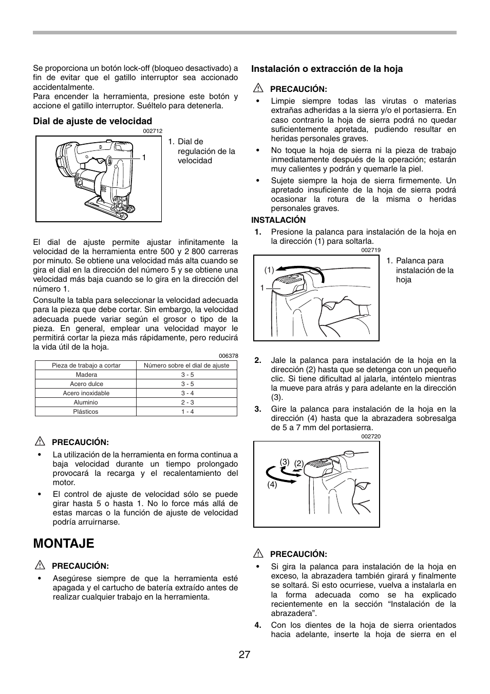 Montaje, Dial de ajuste de velocidad, Instalación o extracción de la hoja | Makita 4334 User Manual | Page 27 / 36