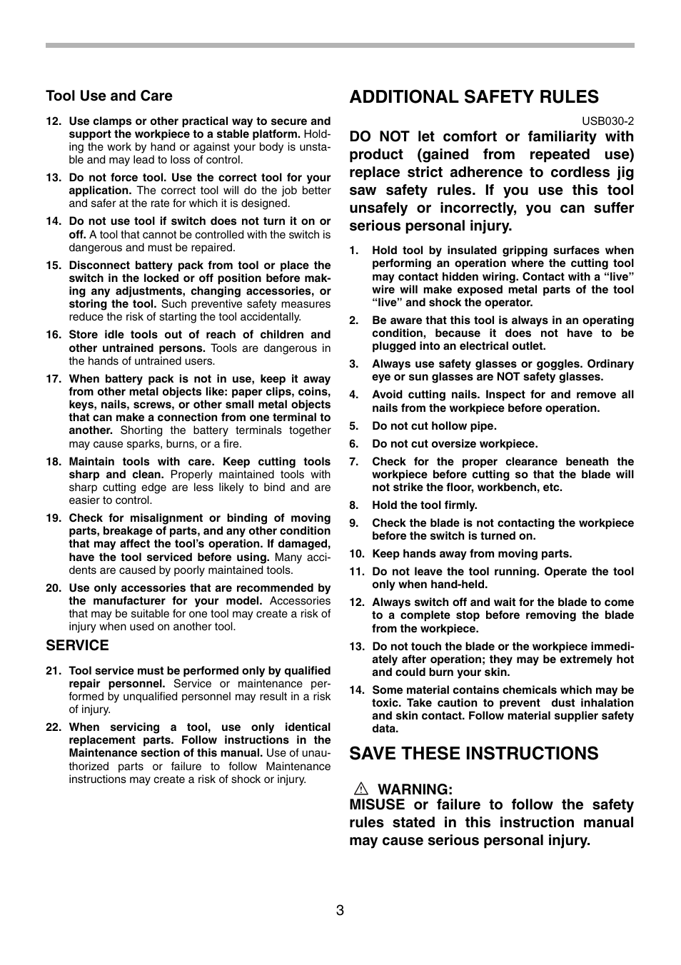 Additional safety rules, Save these instructions, 3tool use and care | Service | Makita 4334 User Manual | Page 3 / 36