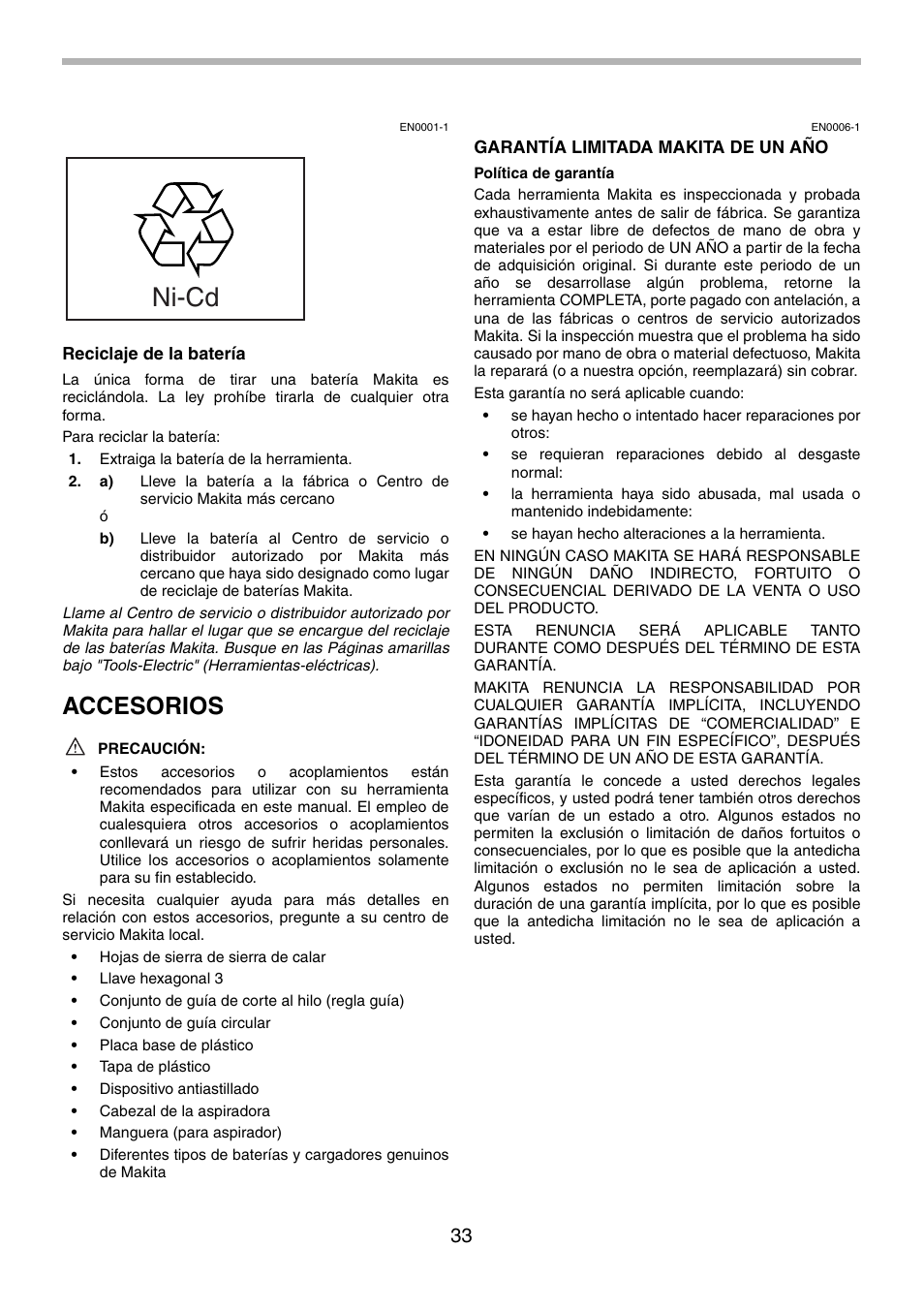 Ni-cd, Accesorios | Makita 4334 User Manual | Page 33 / 36