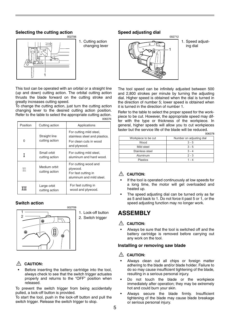 Assembly, Selecting the cutting action, Switch action | Speed adjusting dial, Installing or removing saw blade | Makita 4334 User Manual | Page 5 / 36