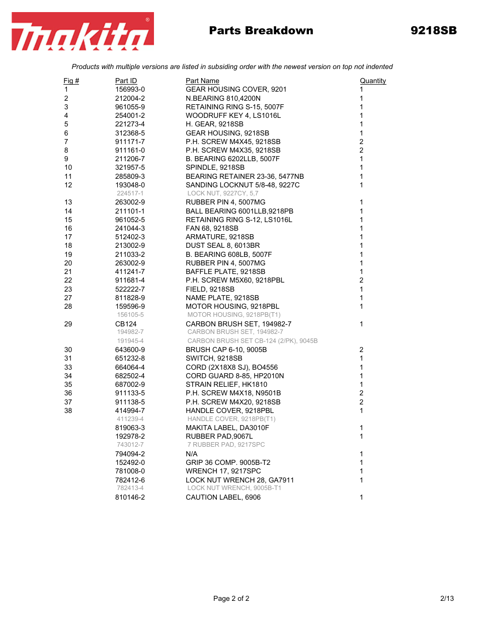 Parts breakdown 9218sb | Makita 9218SB User Manual | Page 2 / 2