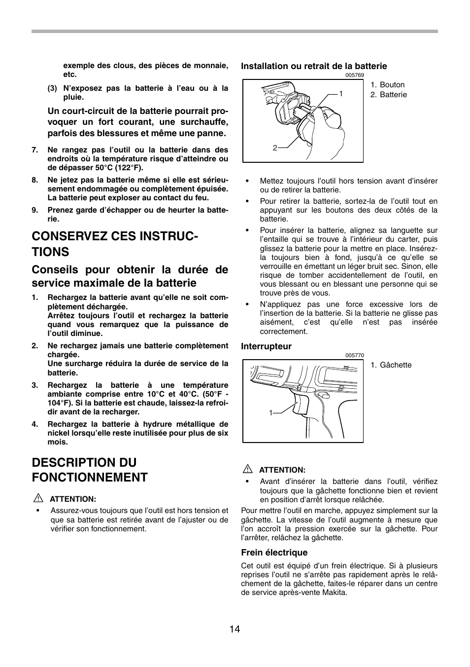Conservez ces instruc- tions, Description du fonctionnement | Makita 6339D User Manual | Page 14 / 32