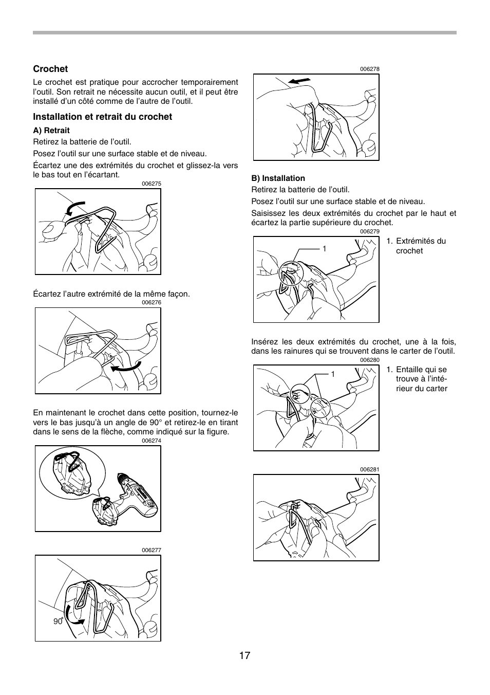 Crochet, Installation et retrait du crochet | Makita 6339D User Manual | Page 17 / 32