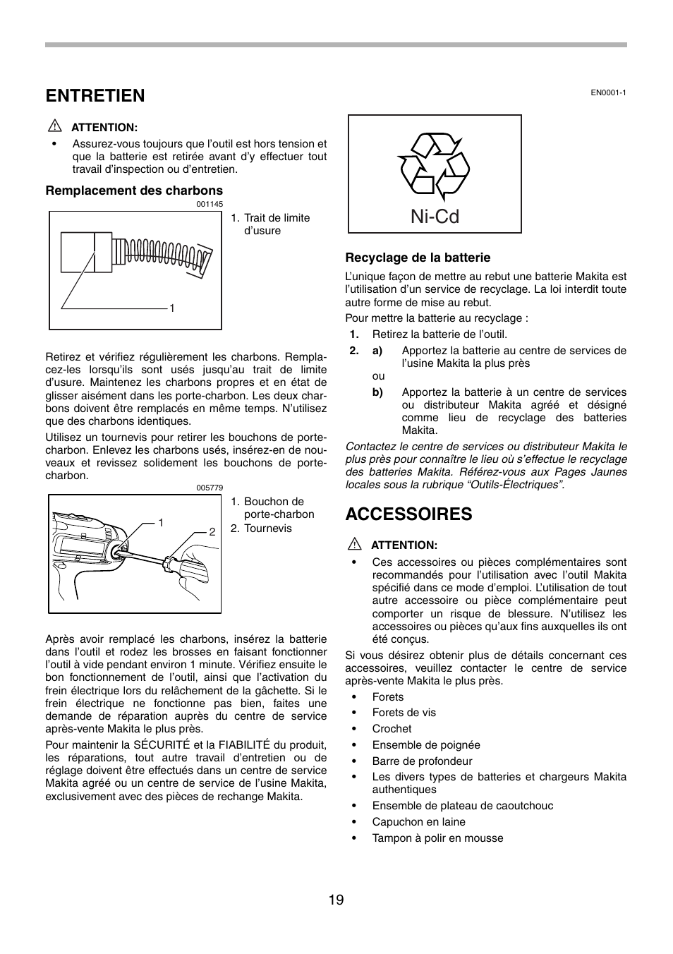 Ni-cd, Entretien, Accessoires | Makita 6339D User Manual | Page 19 / 32