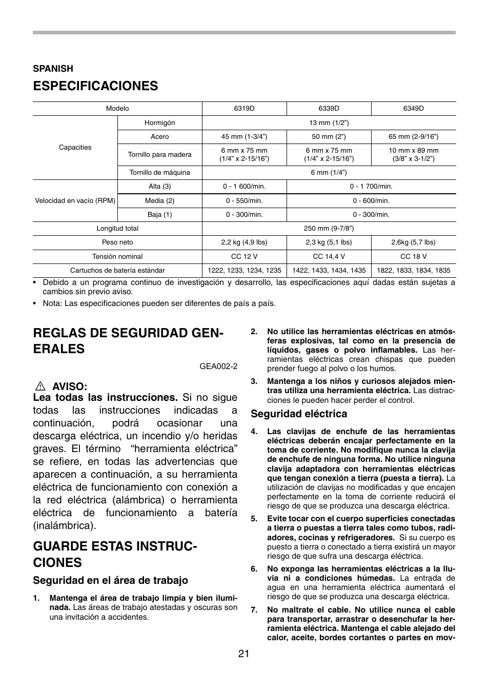 Especificaciones, Reglas de seguridad gen- erales, Guarde estas instruc- ciones | Seguridad en el área de trabajo, Seguridad eléctrica, Spanish | Makita 6339D User Manual | Page 21 / 32