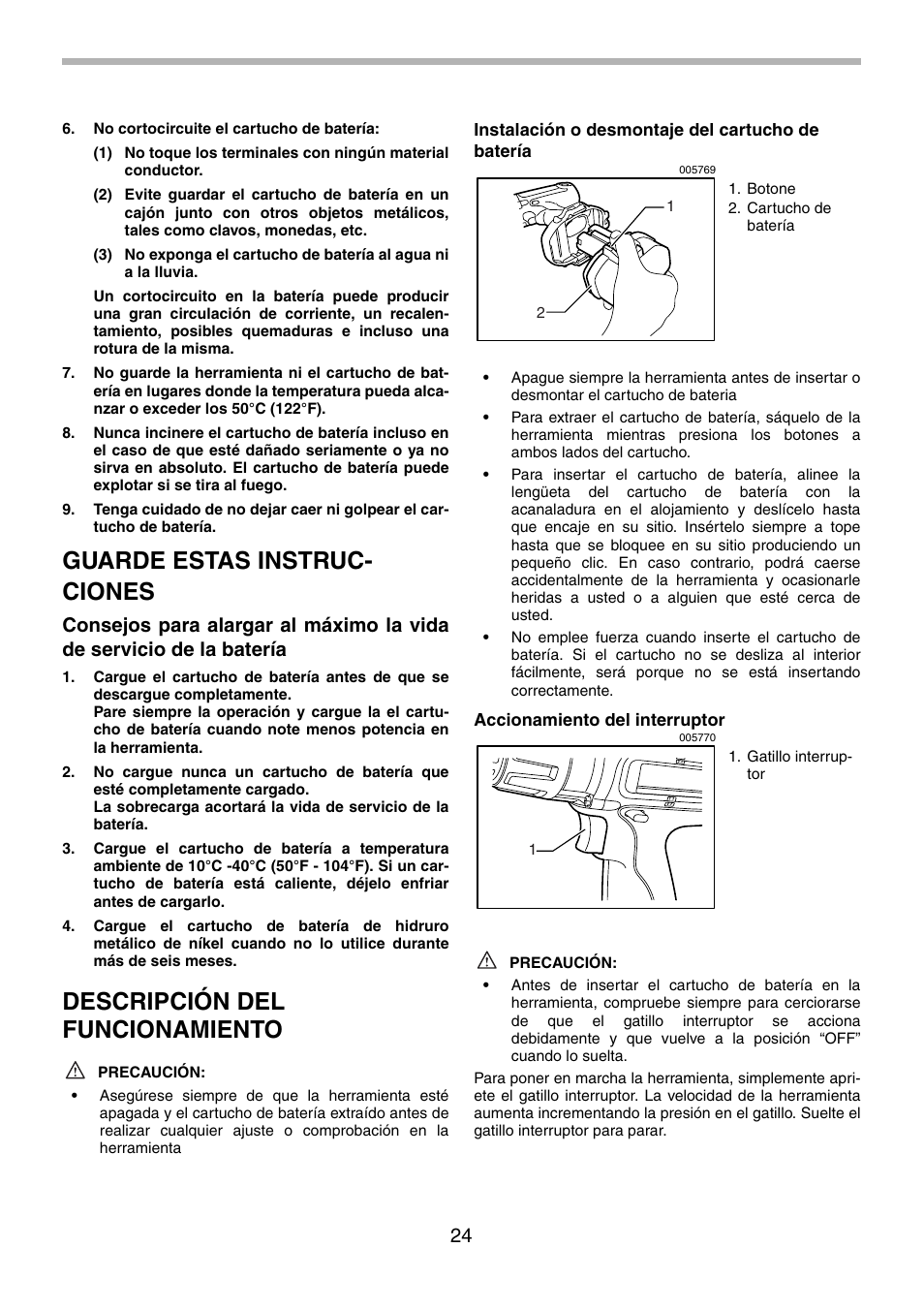 Guarde estas instruc- ciones, Descripción del funcionamiento | Makita 6339D User Manual | Page 24 / 32