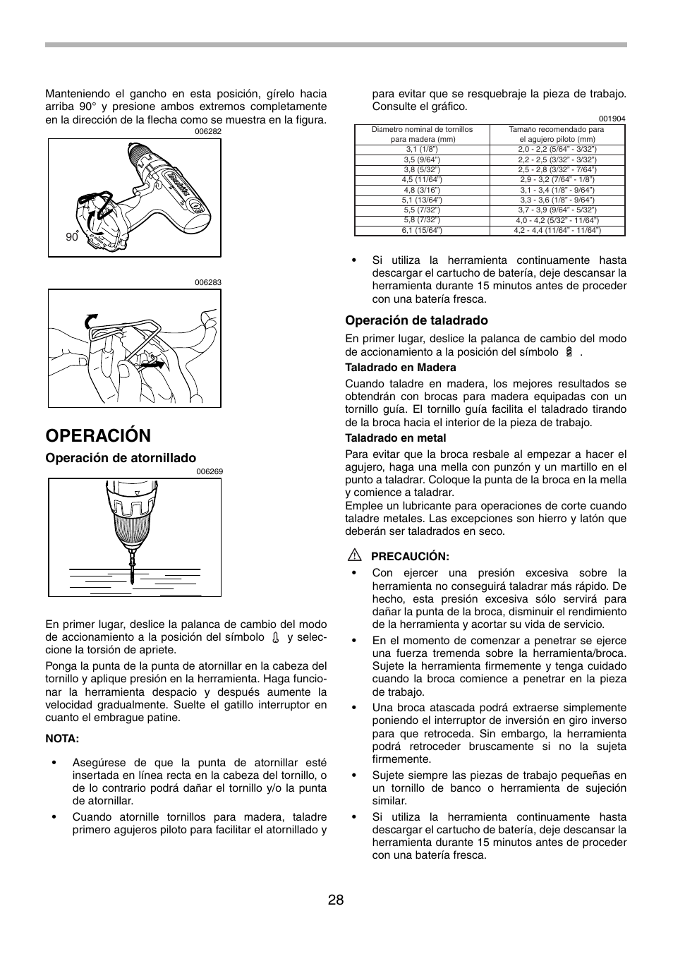 Operación, Operación de atornillado, Operación de taladrado | Makita 6339D User Manual | Page 28 / 32