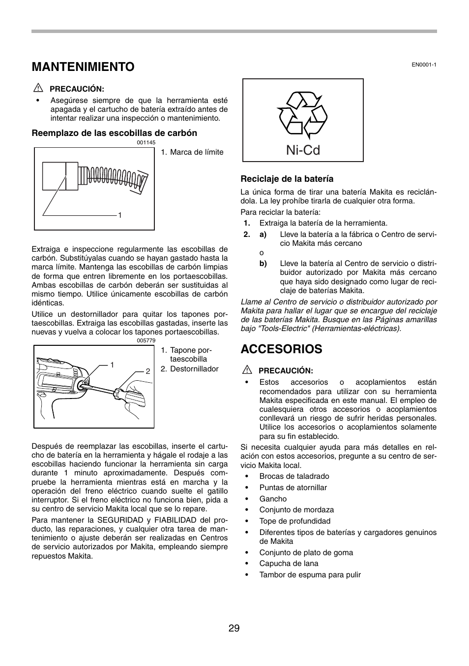 Ni-cd, Mantenimiento, Accesorios | Makita 6339D User Manual | Page 29 / 32