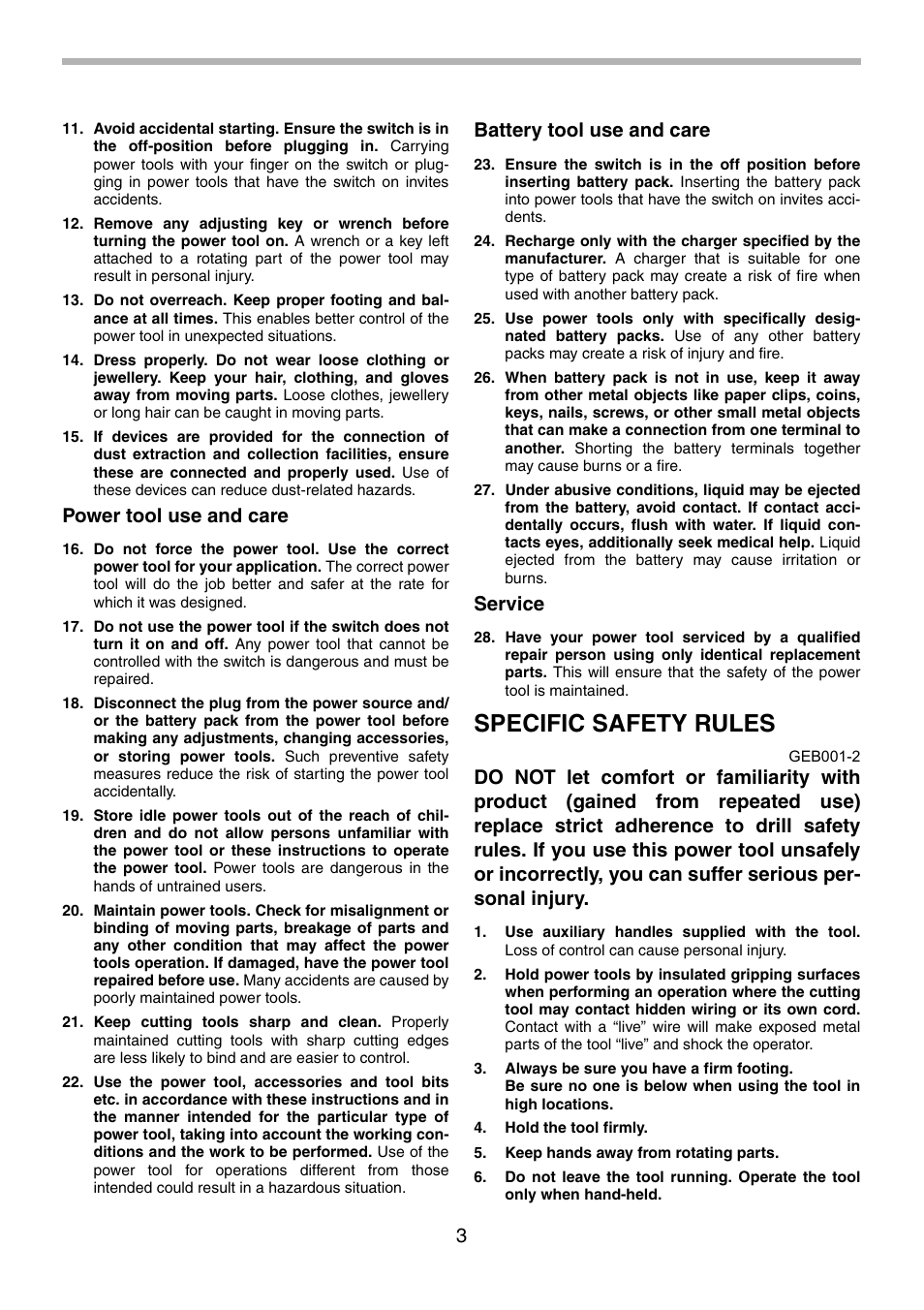 Specific safety rules, Power tool use and care, Battery tool use and care | Service | Makita 6339D User Manual | Page 3 / 32
