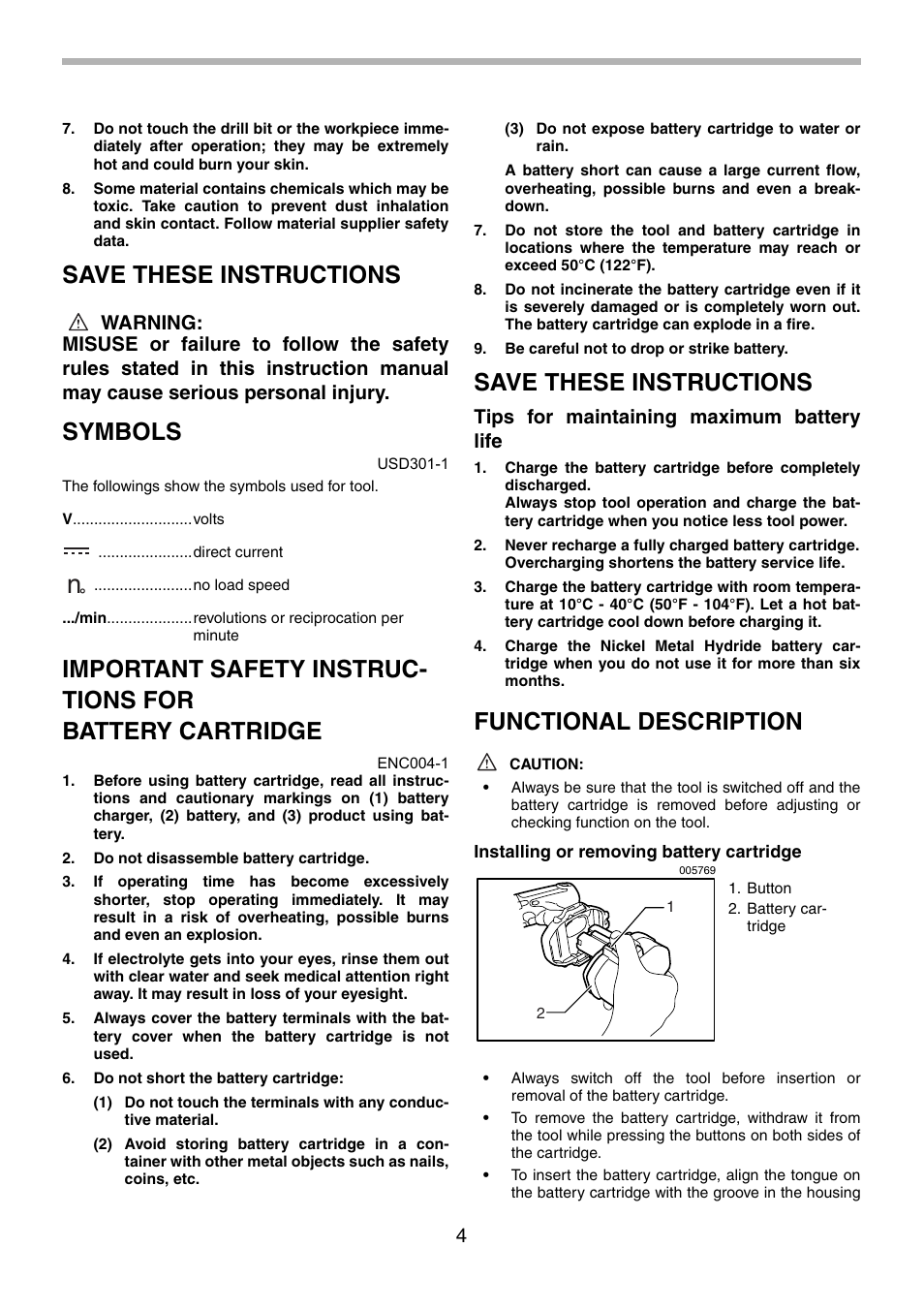 Save these instructions, Symbols, Functional description | Tips for maintaining maximum battery life | Makita 6339D User Manual | Page 4 / 32