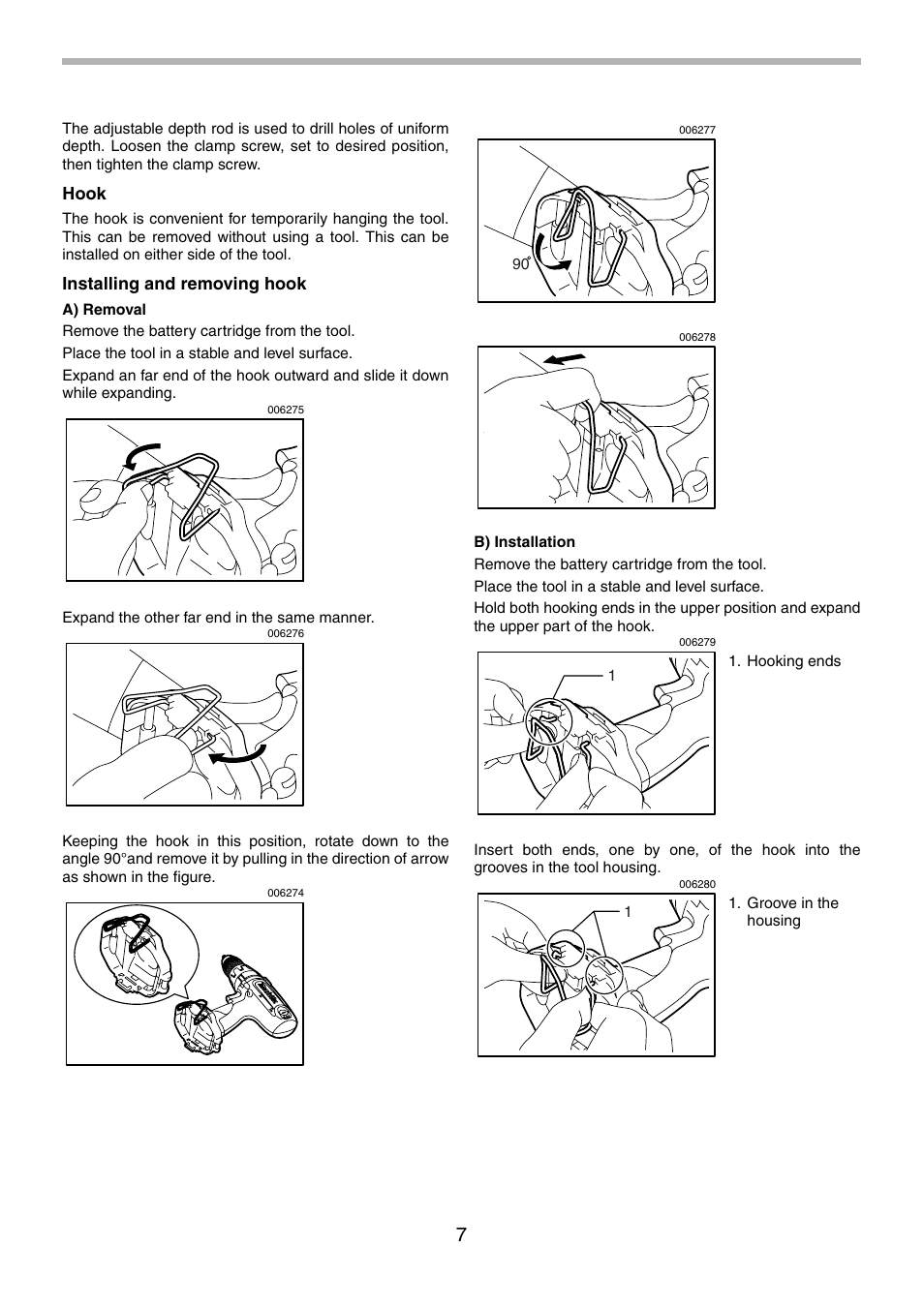 Hook, Installing and removing hook | Makita 6339D User Manual | Page 7 / 32