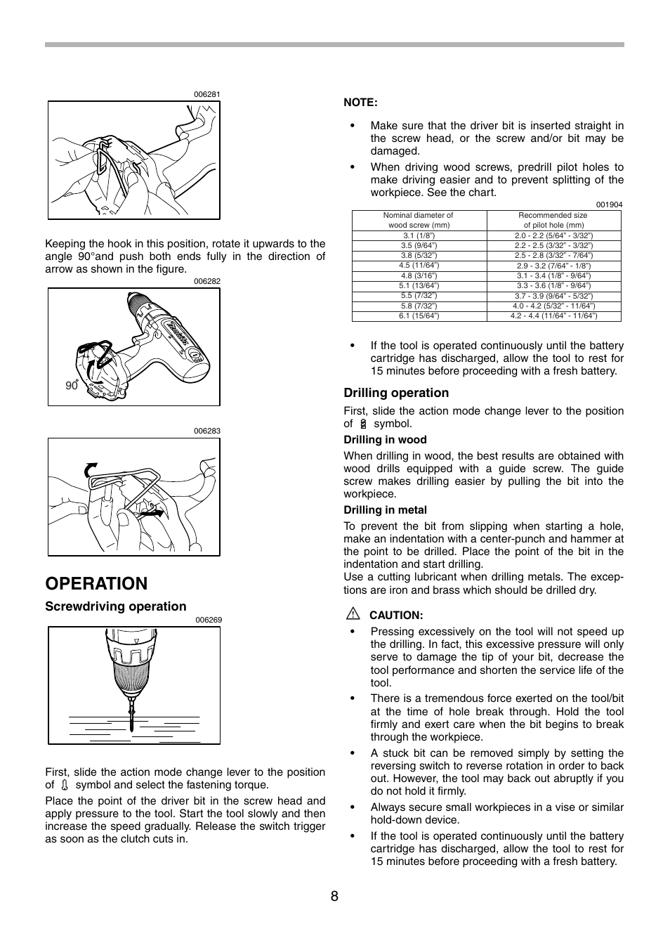 Operation, Screwdriving operation, Drilling operation | Makita 6339D User Manual | Page 8 / 32
