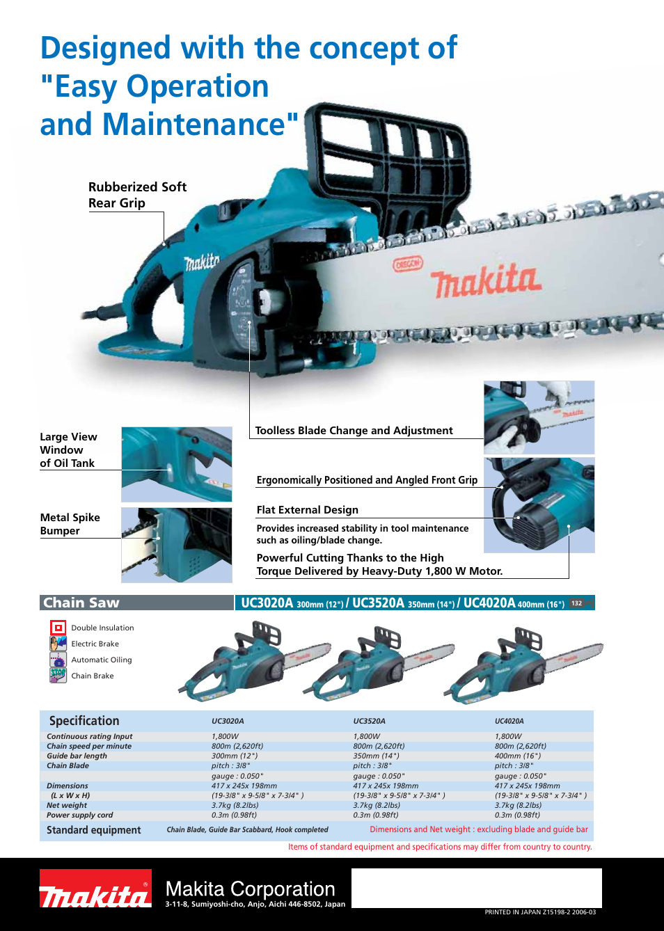 Chain saw uc3020a, Uc3520a, Uc4020a | Rubberized soft rear grip, Specification | Makita UC3020A User Manual | Page 2 / 2