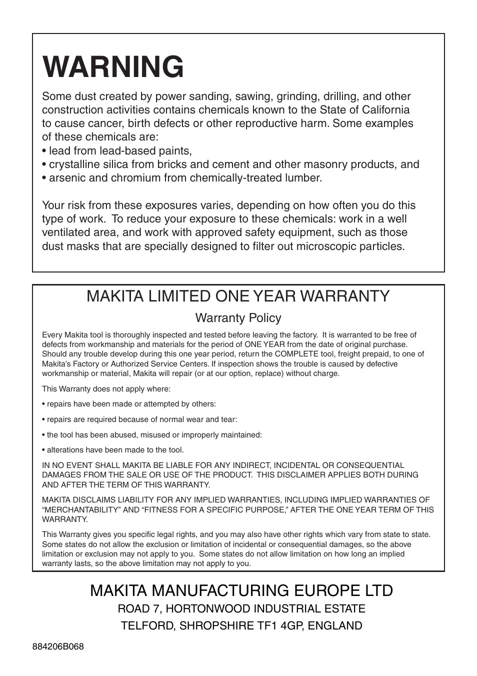 Warning, Makita limited one year warranty, Makita manufacturing europe ltd | Makita HP2033 User Manual | Page 16 / 16
