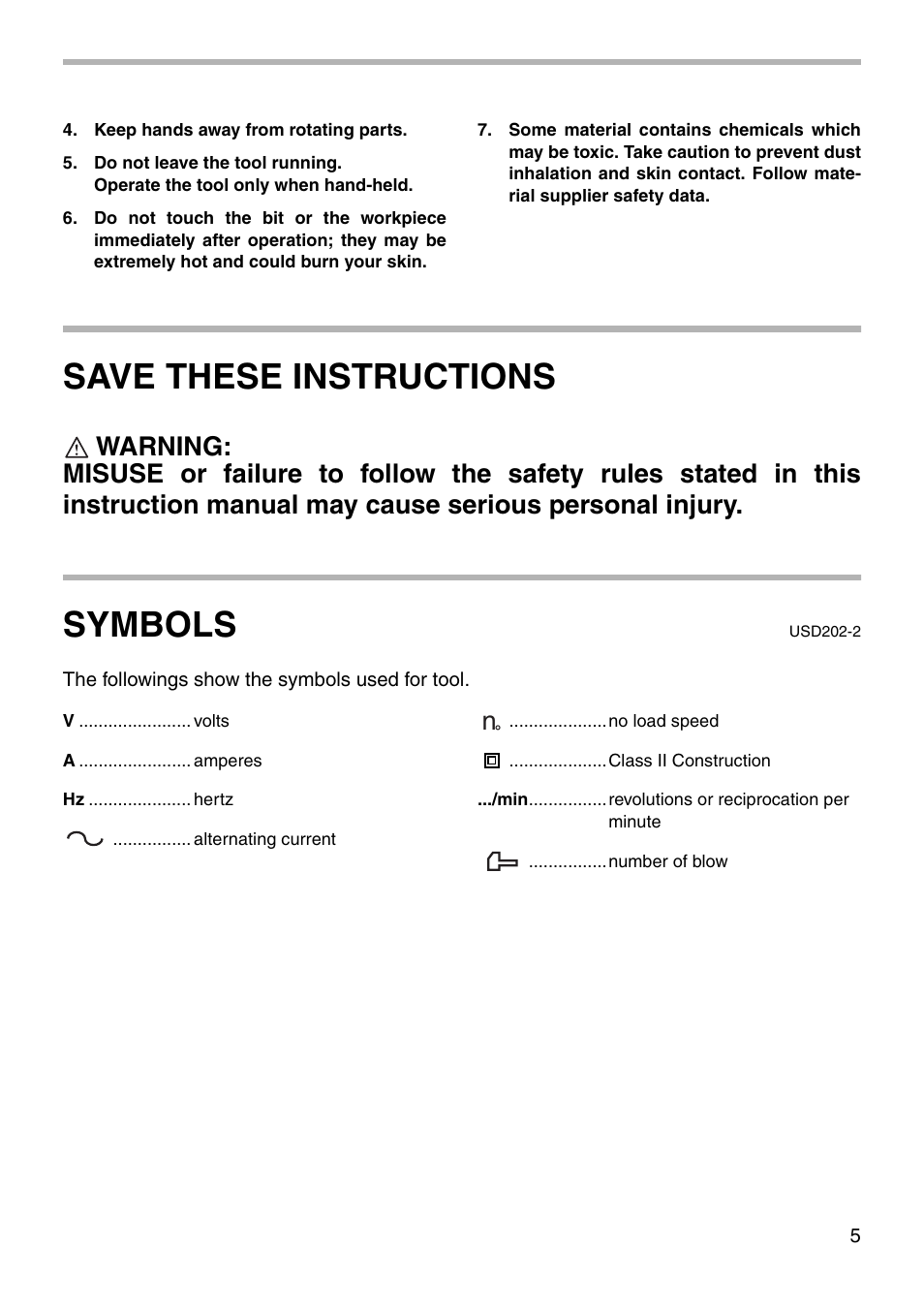 Save these instructions, Symbols | Makita HP2033 User Manual | Page 5 / 16