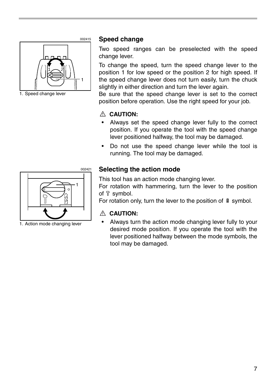 Speed change, Selecting the action mode | Makita HP2033 User Manual | Page 7 / 16
