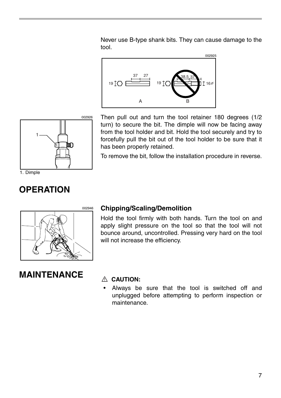 Operation, Maintenance, Chipping/scaling/demolition | Makita HM1211B User Manual | Page 7 / 16