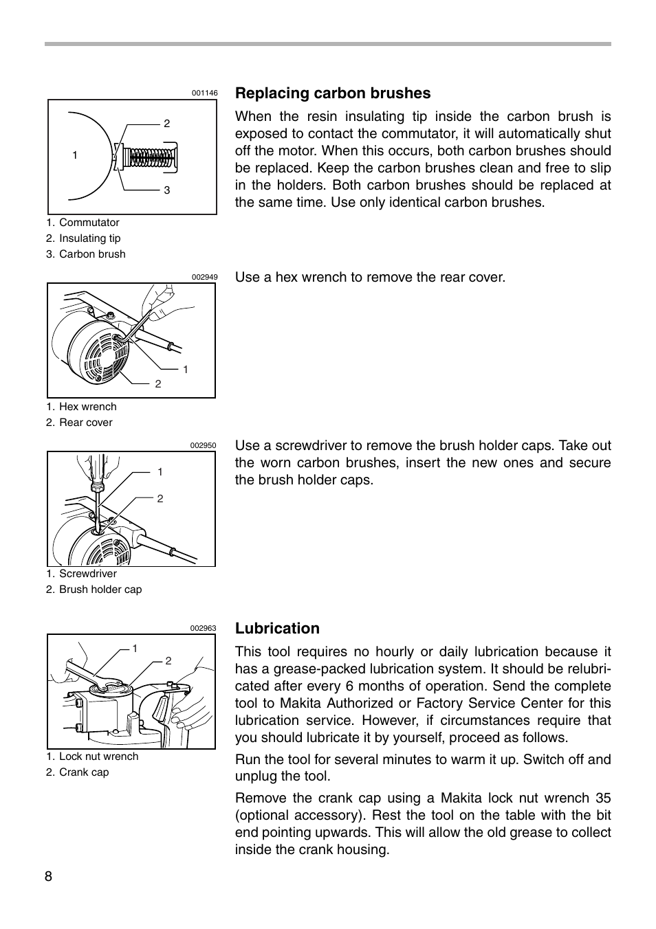 Replacing carbon brushes, Lubrication | Makita HM1211B User Manual | Page 8 / 16