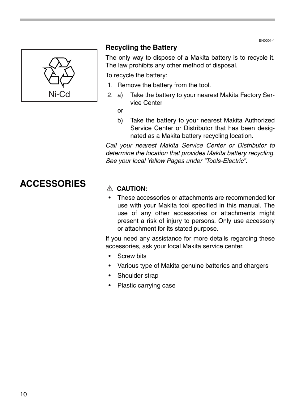 Accessories, Ni-cd | Makita 6916D User Manual | Page 10 / 12