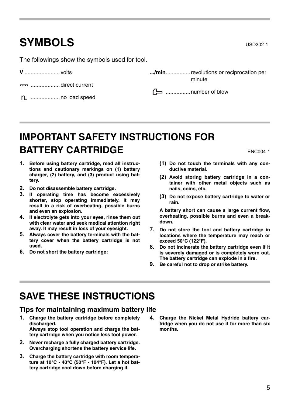 Symbols, Save these instructions, Tips for maintaining maximum battery life | Makita 6916D User Manual | Page 5 / 12