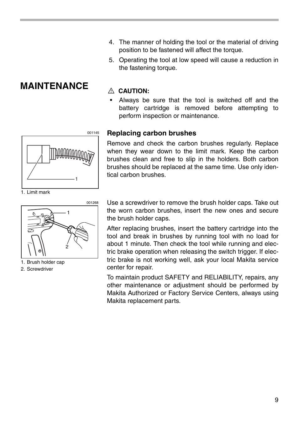 Maintenance, Replacing carbon brushes | Makita 6916D User Manual | Page 9 / 12