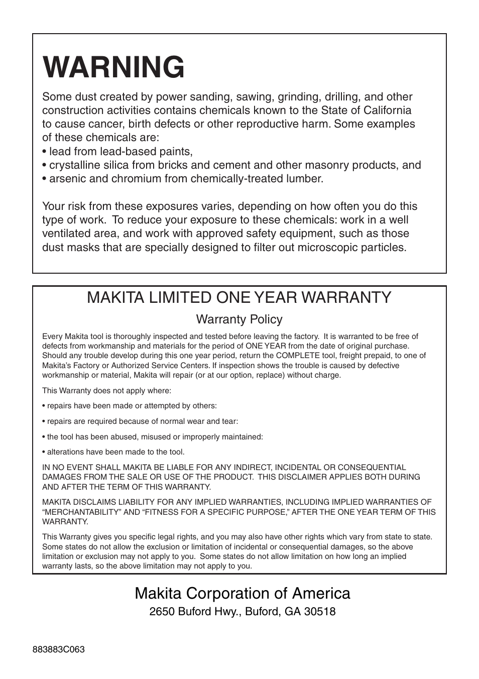 Warning, Makita limited one year warranty, Makita corporation of america | Makita 6406 User Manual | Page 12 / 12