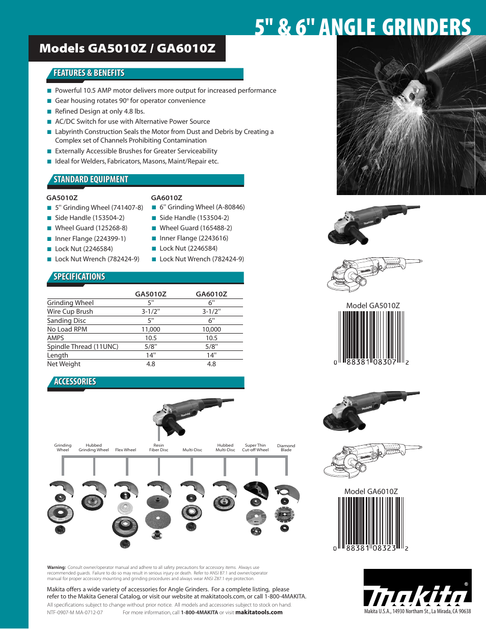 5'' & 6'' angle grinders, Features & benefits | Makita GA6010Z (6'') User Manual | Page 2 / 2