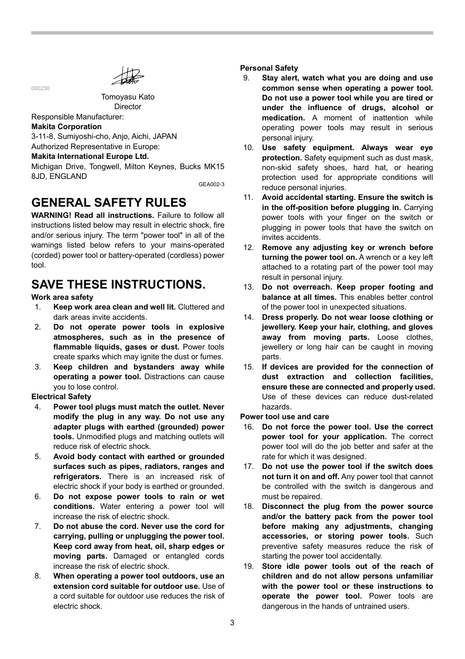 Tomoyasu kato, Director, Gea002-3 | General safety rules, Save these instructions, Work area safety, Electrical safety, Personal safety, Power tool use and care | Makita BFR540 User Manual | Page 3 / 12