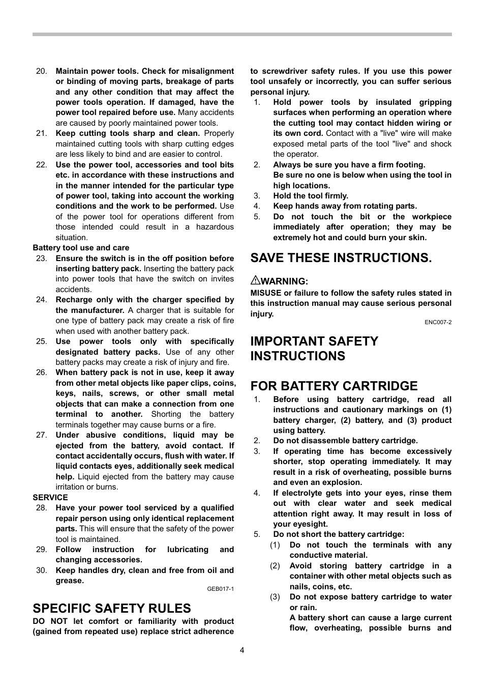 Battery tool use and care, Service, Geb017-1 | Specific safety rules, Hold the tool firmly, Keep hands away from rotating parts, Save these instructions, Warning, Enc007-2, Important safety instructions | Makita BFR540 User Manual | Page 4 / 12