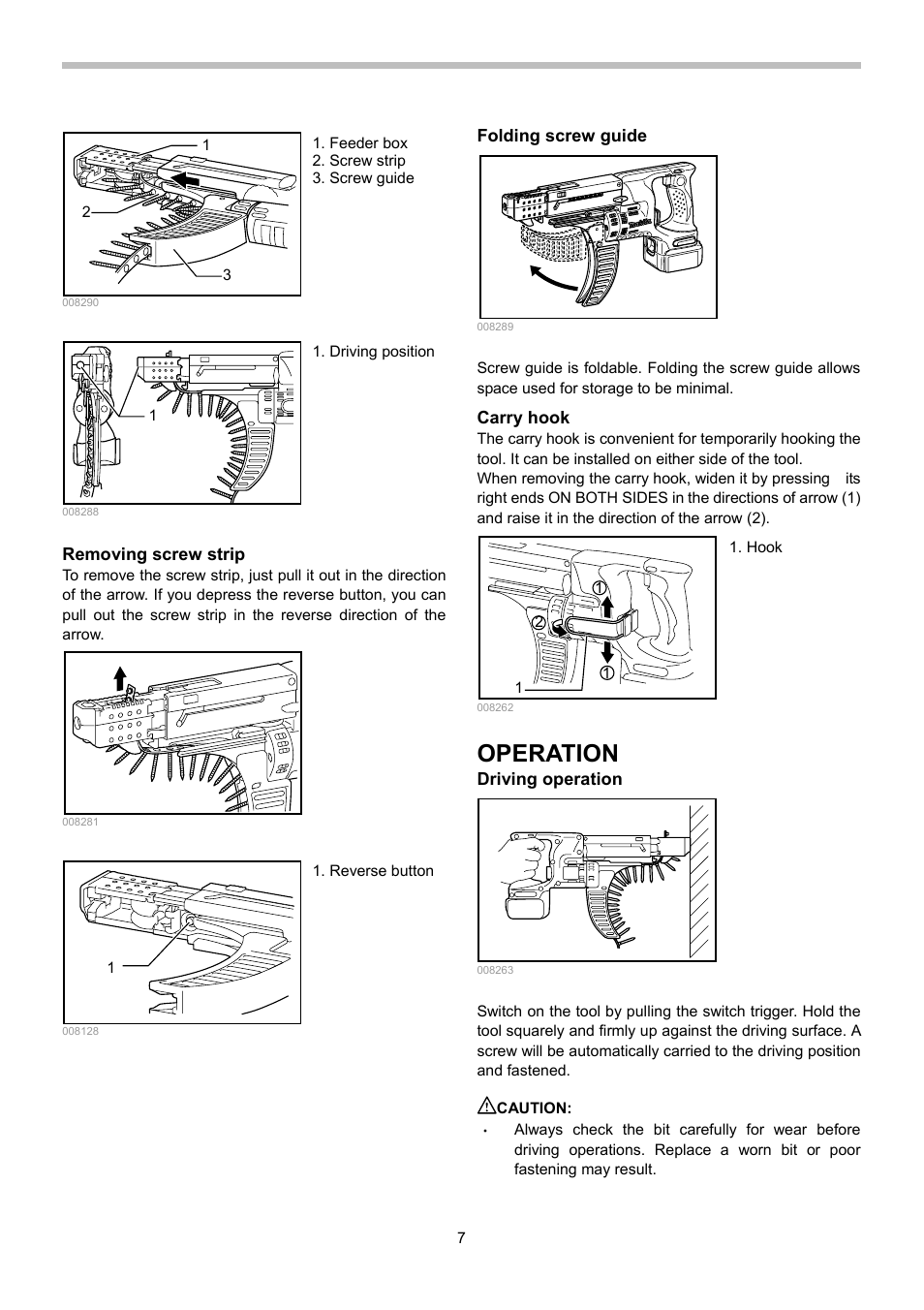 Removing screw strip, Folding screw guide, Carry hook | Operation, Driving operation, Caution | Makita BFR540 User Manual | Page 7 / 12