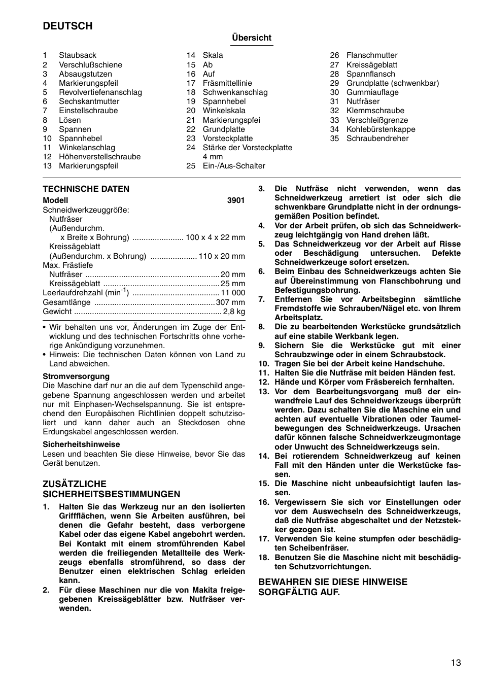 Deutsch | Makita 3901 User Manual | Page 13 / 48