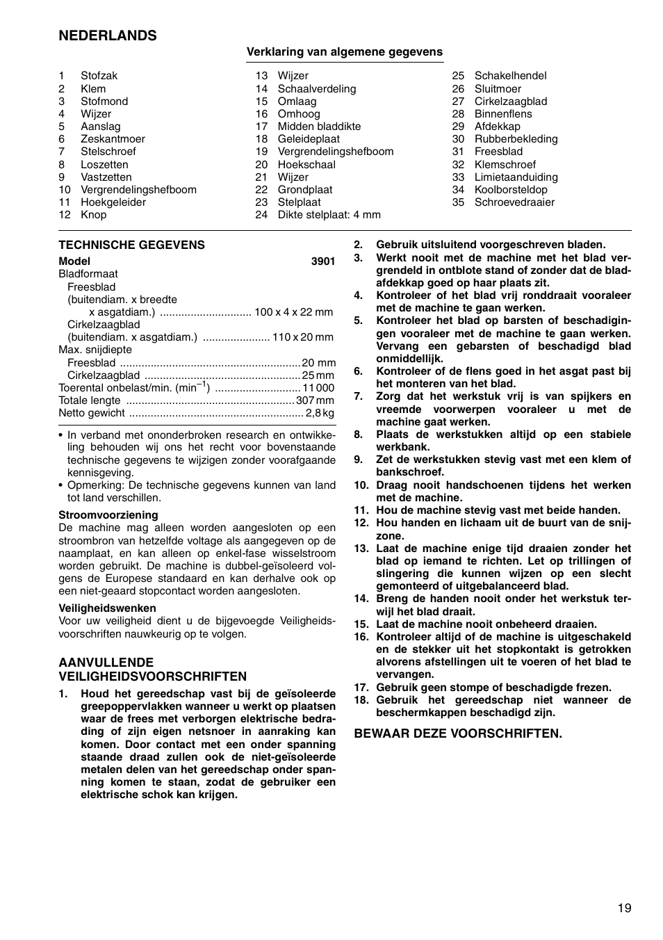 Nederlands | Makita 3901 User Manual | Page 19 / 48