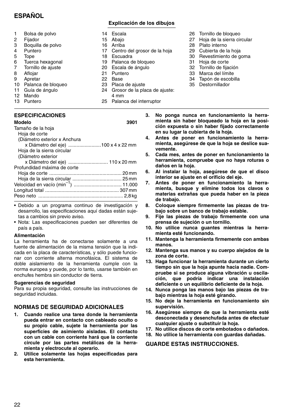 Español | Makita 3901 User Manual | Page 22 / 48