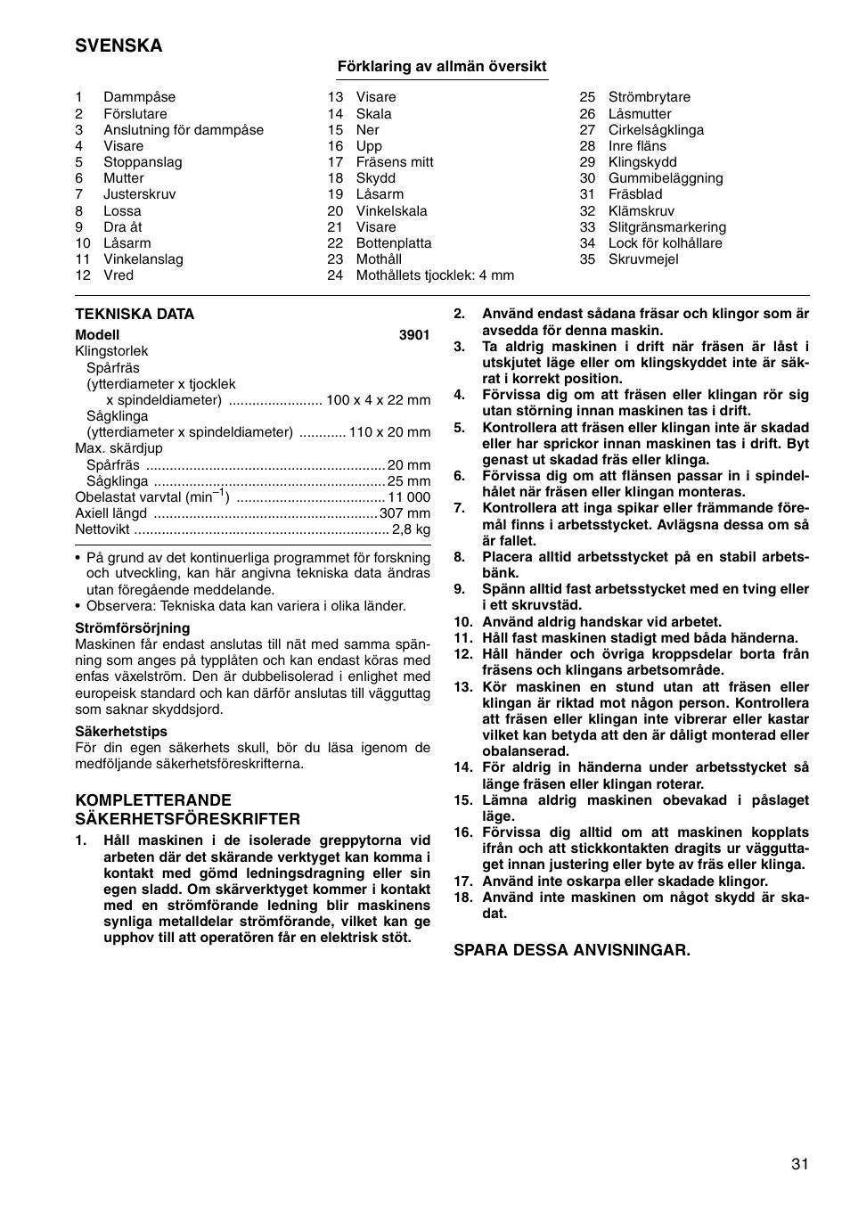 Svenska | Makita 3901 User Manual | Page 31 / 48