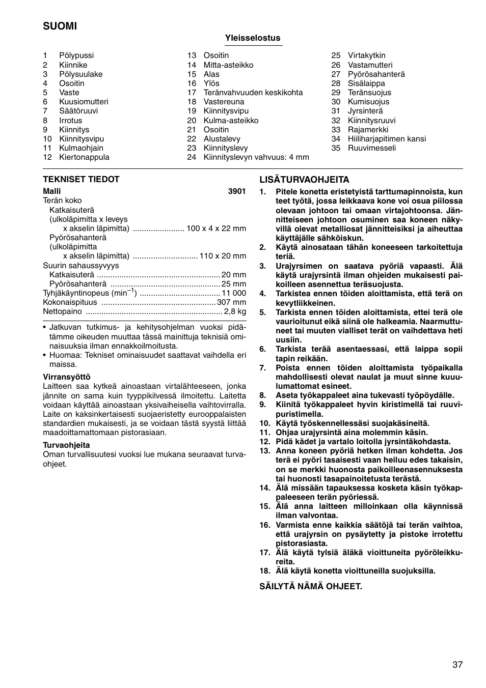 Suomi | Makita 3901 User Manual | Page 37 / 48