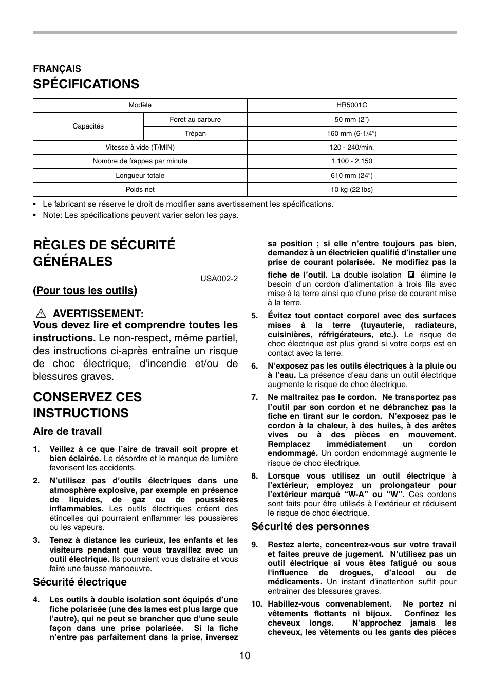 Spécifications, Règles de sécurité générales, Conservez ces instructions | Pour tous les outils, Aire de travail, Sécurité électrique, Sécurité des personnes | Makita HR5001C User Manual | Page 10 / 28