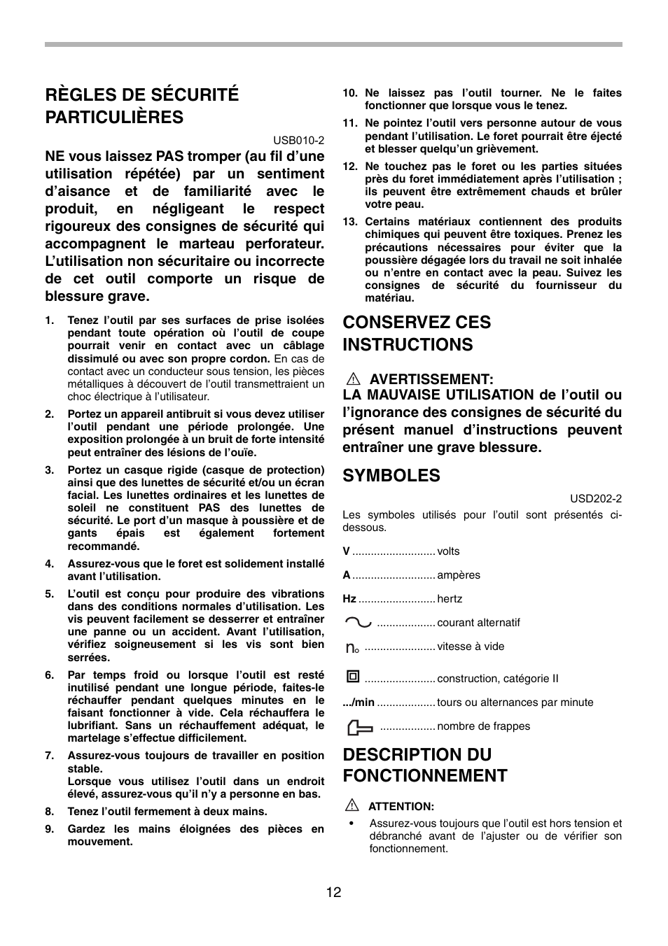 Règles de sécurité particulières, Conservez ces instructions, Symboles | Description du fonctionnement | Makita HR5001C User Manual | Page 12 / 28