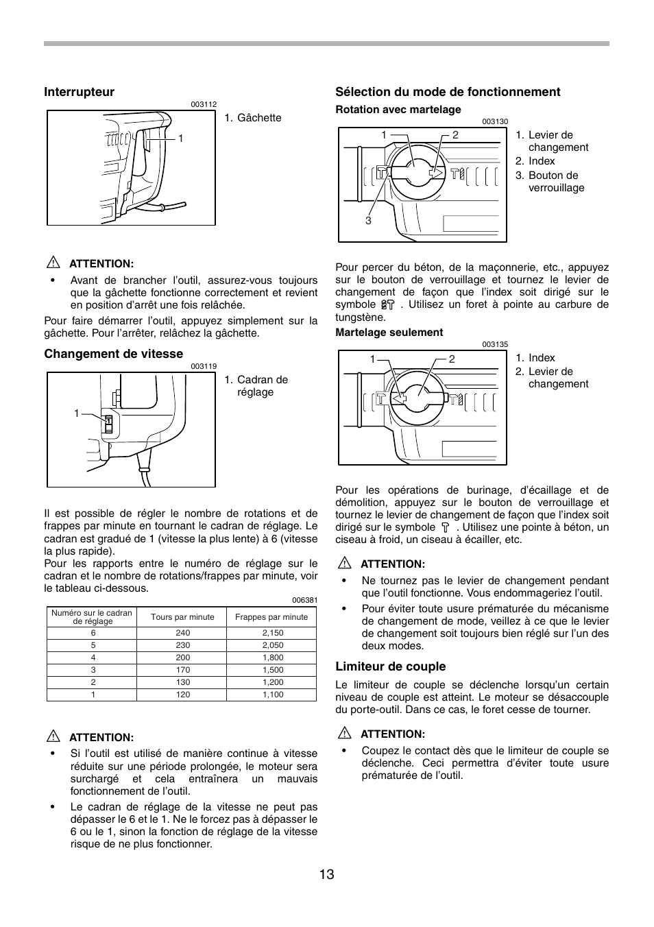 Interrupteur, Changement de vitesse, Sélection du mode de fonctionnement | Limiteur de couple | Makita HR5001C User Manual | Page 13 / 28
