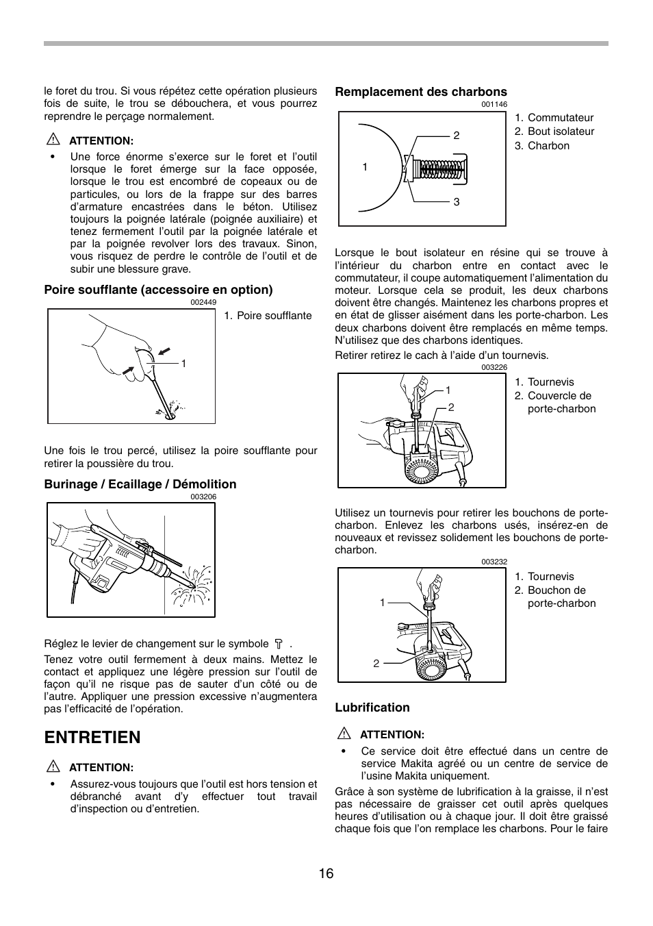 Entretien | Makita HR5001C User Manual | Page 16 / 28