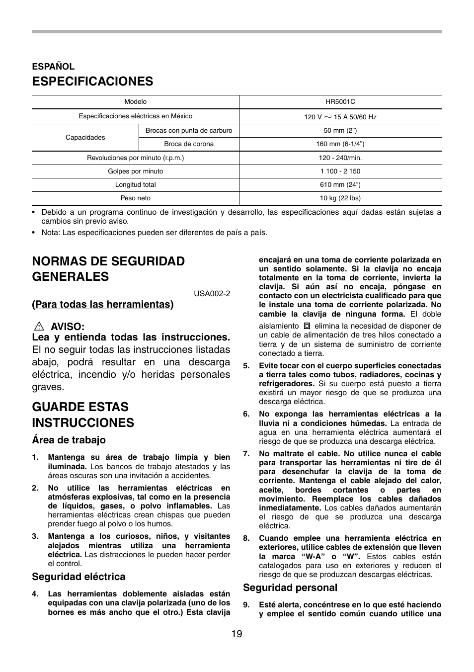Especificaciones, Normas de seguridad generales, Guarde estas instrucciones | Área de trabajo, Seguridad eléctrica, Seguridad personal | Makita HR5001C User Manual | Page 19 / 28