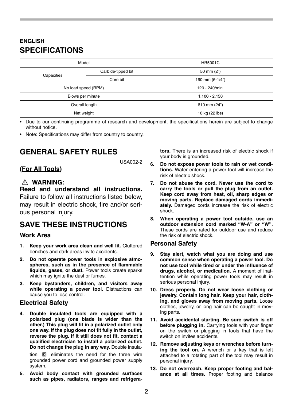 Specifications, General safety rules, Save these instructions | Work area, Electrical safety, Personal safety | Makita HR5001C User Manual | Page 2 / 28